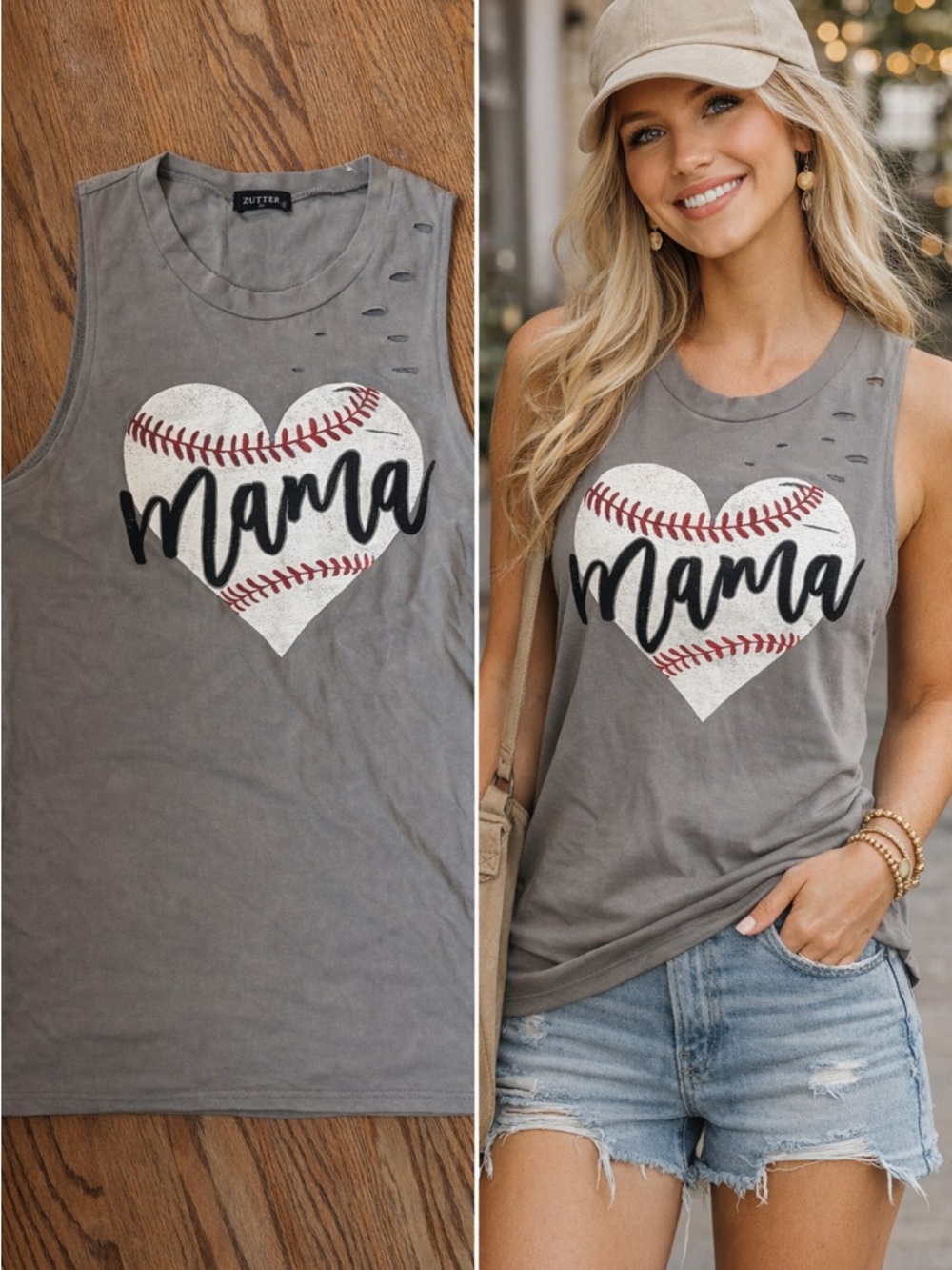Mama Baseball Heart Graphic Tank Top - Gray